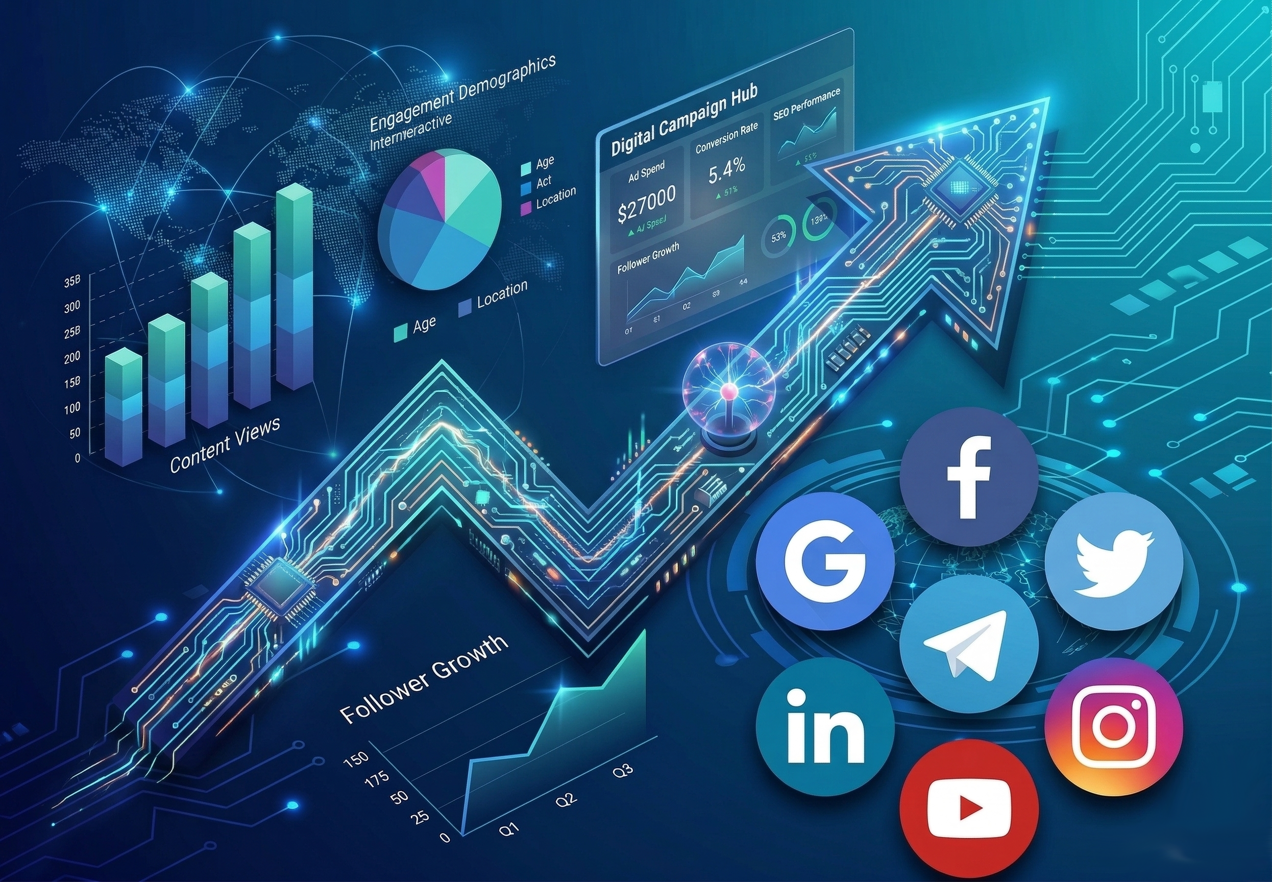 Digital marketing campaign performance graphs and Facebook and Google Ads examples